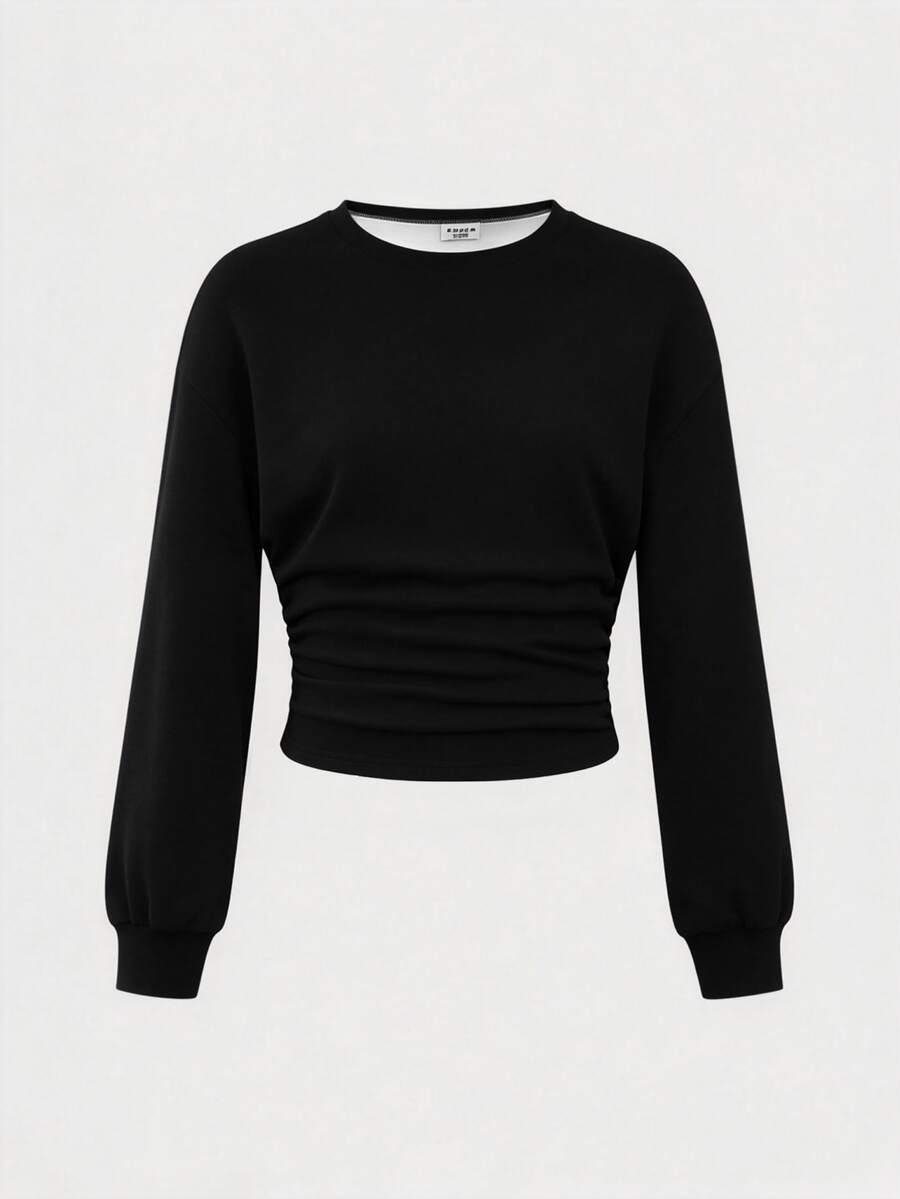 SHEIN Girlism Teen Girls Fall/Winter Back To Basic Solid Color Pleated Asymmetrical Neck Long Sleeve Pullover - White - View 1