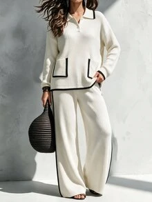 SHEIN Minimalist Black & White Line Knit 2 Pieces Set . Polo Collar Loose Fit Slimming . Lazy Relaxed Style Women's Sweater 2 Pieces Set - White - View 8