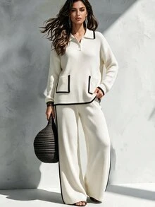 SHEIN Minimalist Black & White Line Knit 2 Pieces Set . Polo Collar Loose Fit Slimming . Lazy Relaxed Style Women's Sweater 2 Pieces Set - White - View 1