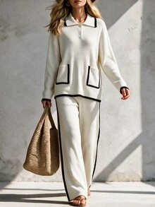 SHEIN Minimalist Black & White Line Knit 2 Pieces Set . Polo Collar Loose Fit Slimming . Lazy Relaxed Style Women's Sweater 2 Pieces Set - White - View 6