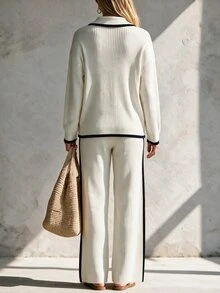 SHEIN Minimalist Black & White Line Knit 2 Pieces Set . Polo Collar Loose Fit Slimming . Lazy Relaxed Style Women's Sweater 2 Pieces Set - White - View 2
