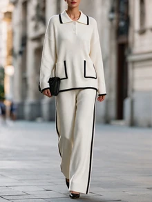 SHEIN Minimalist Black & White Line Knit 2 Pieces Set . Polo Collar Loose Fit Slimming . Lazy Relaxed Style Women's Sweater 2 Pieces Set - White - View 7
