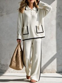 SHEIN Minimalist Black & White Line Knit 2 Pieces Set . Polo Collar Loose Fit Slimming . Lazy Relaxed Style Women's Sweater 2 Pieces Set - White - View 5