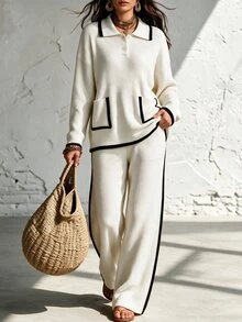 SHEIN Minimalist Black & White Line Knit 2 Pieces Set . Polo Collar Loose Fit Slimming . Lazy Relaxed Style Women's Sweater 2 Pieces Set - White - View 4