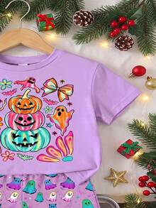 Girls' Light Purple Halloween Short Sleeve Set, Hand-Painted Gradient Ghost & Stacked Pumpkin Print Top, Paired With All-Over Colorful Ghost Print Shorts, Sweet Dreamy Macaron Color Scheme, Cute & Playful, Perfect For Halloween Outings - Multicolor - View 4