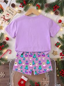 Girls' Light Purple Halloween Short Sleeve Set, Hand-Painted Gradient Ghost & Stacked Pumpkin Print Top, Paired With All-Over Colorful Ghost Print Shorts, Sweet Dreamy Macaron Color Scheme, Cute & Playful, Perfect For Halloween Outings - Multicolor - View 2