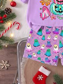 Girls' Light Purple Halloween Short Sleeve Set, Hand-Painted Gradient Ghost & Stacked Pumpkin Print Top, Paired With All-Over Colorful Ghost Print Shorts, Sweet Dreamy Macaron Color Scheme, Cute & Playful, Perfect For Halloween Outings - Multicolor - View 5