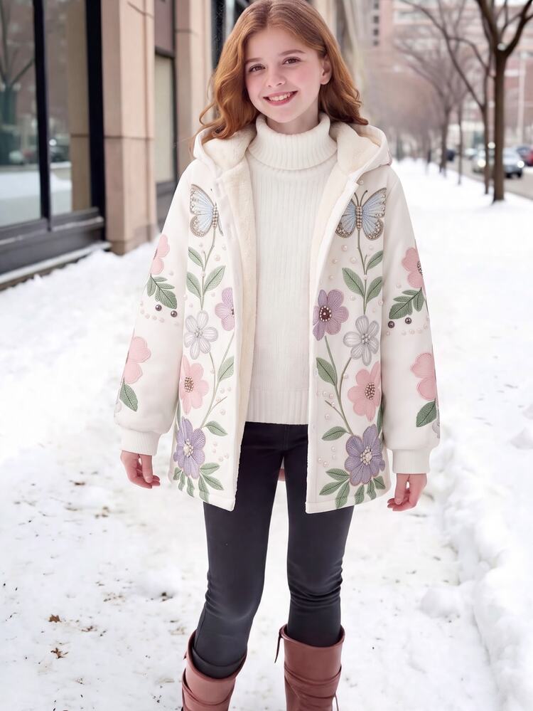 Girls' Off-White Hooded Loose Mid-Length Cardigan Coat, Butterfly Floral Pearl Print, Gentle Chinese Style Elegant Coquette Cowgirl Fall School Club - White - View 3