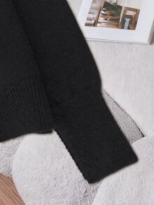 Franclia Solid Drop Shoulder Sweater,Long Sleeve Tops Knit Pullover Fall Winter - Black - View 6