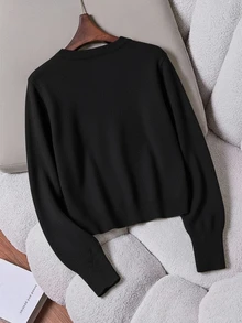 Franclia Solid Drop Shoulder Sweater,Long Sleeve Tops Knit Pullover Fall Winter - Black - View 2