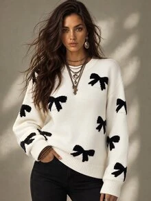 Calvaya Women's Bow Pattern Sweater Pullover,Long Sleeve Tops, Knit Pullover Fall Winter - Apricot - View 1