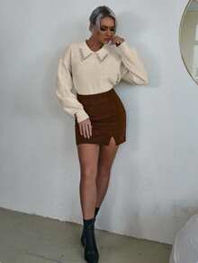 Calvaya 镶钻落肩毛衣，长袖针织套头衫，秋冬款毛衣 - 杏色 - 查看 6