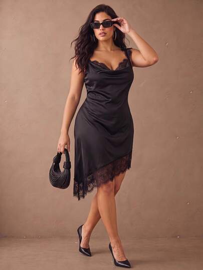Juhart Plus Size Women's Elegant Satin Lace Patchwork Asymmetrical Hemline Black Dress