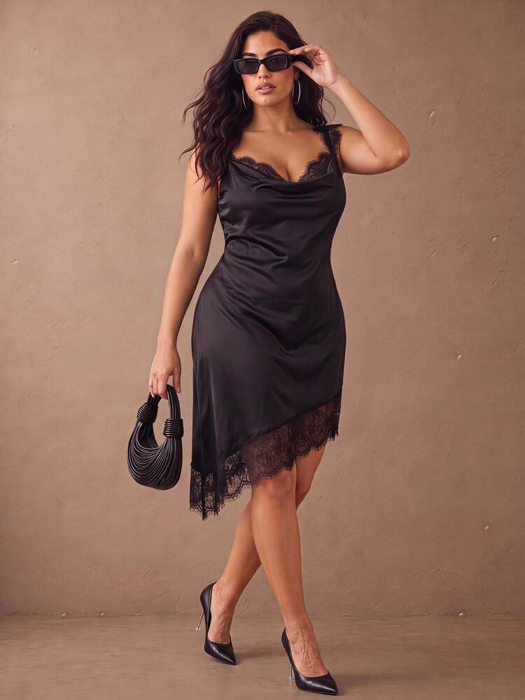 Velvienne Plus Size Women's Elegant Satin Lace Patchwork Asymmetrical Hemline Black Dress - Black - View 1