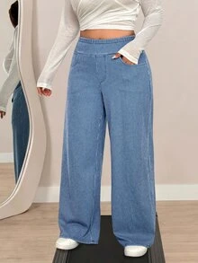 Flexra Plus Size Women's Striped Denim Jeans Soft Mid-Blue Wash Stretch Pants - Light Wash - View 3