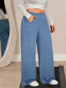Flexra Plus Size Women's Striped Denim Jeans Soft Mid-Blue Wash Stretch Pants - Light Wash - View 6