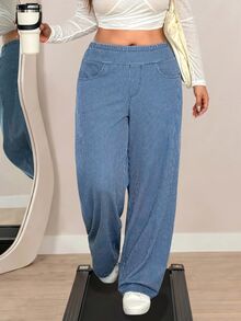 Flexra Plus Size Women's Striped Denim Jeans Soft Mid-Blue Wash Stretch Pants - Light Wash - View 5