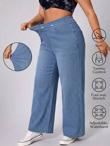 Flexra Plus Size Women's Striped Denim Jeans Soft Mid-Blue Wash Stretch Pants - Light Wash - View 1