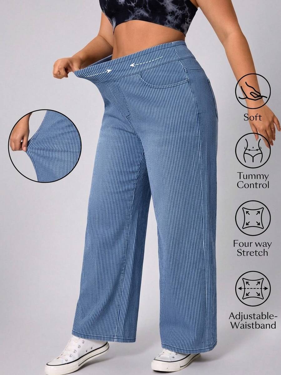Flexra Plus Size Women's Striped Denim Jeans Soft Mid-Blue Wash Stretch Pants - Light Wash - View 1