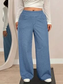 Flexra Plus Size Women's Striped Denim Jeans Soft Mid-Blue Wash Stretch Pants - Light Wash - View 4