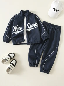 SHEIN 2pcs Young Boy Autumn/Winter Casual Letter Print Zip-Up Jacket And Pants Sports Set - Multicolor - View 4
