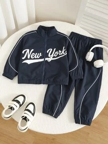 SHEIN 2pcs Young Boy Autumn/Winter Casual Letter Print Zip-Up Jacket And Pants Sports Set - Multicolor - View 3