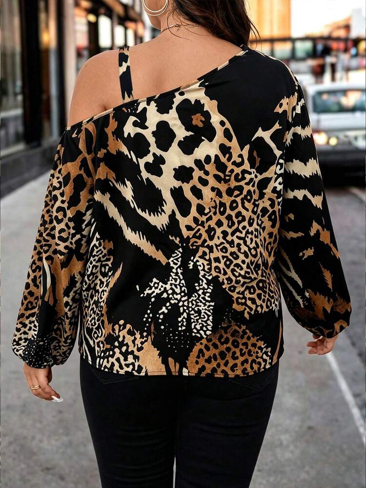 Velvienne Plus Size Asymmetrical Neck Long Sleeve Heart Pattern Print Casual Blouse One Shoulder Top Fall - Brown - View 2