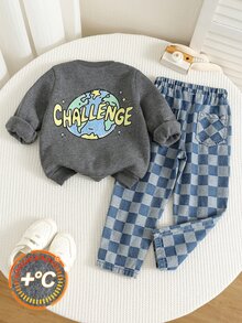 2pcs/Set Kids Young Boy Autumn/Winter Casual Sweatshirt And Pants Set, Boys Outfit, Autumn/Winter Set, Checkerboard Set - Multicolor - View 6