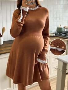 SHEIN 孕婦蕾絲拼接 A 字針織長袖毛衣洋裝，休閒優雅日常穿著，秋季 Baby Shower 棕色 - 棕色 - 查看 6