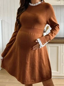 SHEIN 孕婦蕾絲拼接 A 字針織長袖毛衣洋裝，休閒優雅日常穿著，秋季 Baby Shower 棕色 - 棕色 - 查看 8