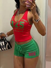 Fiercella Fiercella 女款春夏兩件套紅色背心短褲 Y2K 街頭風細肩帶字母印花修身運動休閒健身健身房穿搭綠色 - 紅色 - 查看 6