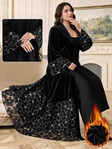 Al Najma Áo Abaya Ả Rập thanh lịch đính đá phối mảng cho nữ size lớn - màu đen - Xem 1