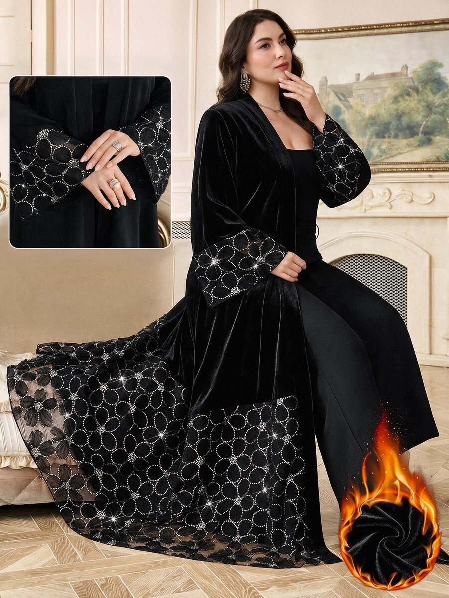 Al Najma Áo Abaya Ả Rập thanh lịch đính đá phối mảng cho nữ size lớn - màu đen - Xem 1