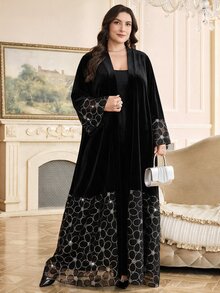 Al Najma Áo Abaya Ả Rập thanh lịch đính đá phối mảng cho nữ size lớn - màu đen - Xem 4