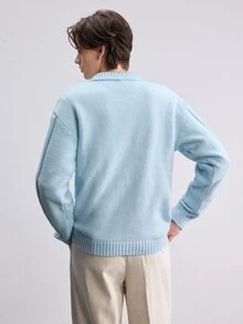 Manfinity CasualKnits 男士純色休閒百搭日常穿著長袖毛衣，秋冬中性風格，情侶穿搭，最佳節日禮物 - 藍色 - 查看 4
