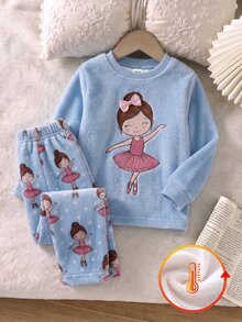 SHEIN 女嬰甜美韓風粉色蝴蝶結印花法蘭絨圓領寬鬆長袖秋冬褲裝2件套，加厚雙面抓絨 - 彩色 - 查看 3