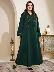 Al Najma 大尺碼女款土耳其式阿拉伯傳統優雅端莊長袍 Abaya Kaftan Jalabiya 正式款 埃及度假杜拜秋季 綠色 - 墨綠色 - 查看 8