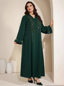 Al Najma 大尺碼女款土耳其式阿拉伯傳統優雅端莊長袍 Abaya Kaftan Jalabiya 正式款 埃及度假杜拜秋季 綠色 - 墨綠色 - 查看 7