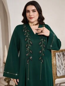 Al Najma 大尺碼女款土耳其式阿拉伯傳統優雅端莊長袍 Abaya Kaftan Jalabiya 正式款 埃及度假杜拜秋季 綠色 - 墨綠色 - 查看 2