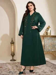 Al Najma 大尺碼女款土耳其式阿拉伯傳統優雅端莊長袍 Abaya Kaftan Jalabiya 正式款 埃及度假杜拜秋季 綠色 - 墨綠色 - 查看 6