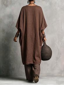 SHEIN Summer New Vintage Chocolate Brown Asymmetric Button Top And Loose Pants 2 Pieces Set, Casual Commuter Wear, Suitable For Daily Office Everyday Travel - Brown - View 2
