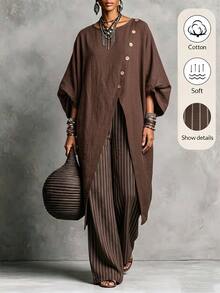 SHEIN Summer New Vintage Chocolate Brown Asymmetric Button Top And Loose Pants 2 Pieces Set, Casual Commuter Wear, Suitable For Daily Office Everyday Travel - Brown - View 1