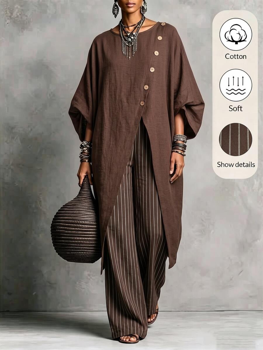 SHEIN Summer New Vintage Chocolate Brown Asymmetric Button Top And Loose Pants 2 Pieces Set, Casual Commuter Wear, Suitable For Daily Office Everyday Travel - Brown - View 1
