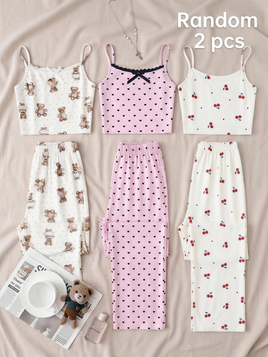 SHEIN Tween Girl Girls Sweet Simple Dusty Pink Camisole Lace Patchwork 3D Ribbon Bow Decor Knitted Heart Print Tank Top And Straight Leg Pants 2 Pieces Loungewear Set, Randomly Sent 2 Pieces - Dusty Pink - View 1