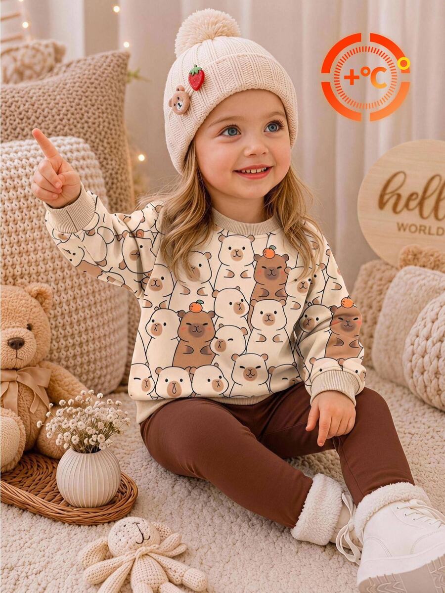 Cozy Pixies Baby Girl Floral Pattern Knit Soft Crew Neck Long Sleeve Pullover Sweatshirt Elastic Waist Long Autumn Winter Pants 2pcs Set - Multicolor - View 1
