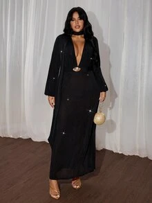 Rustia Plus Size Black Long Dress With Deep V-Neck, Tie Waist, Decorative Buckle, Party Dress, Autumn/Winter - Black - View 8
