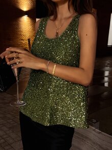 DAZY Women's Green All-Over Sequin U-Neck Sleeveless Loose Shiny Party Evening Date Nightclub Tank Top, Autumn/Winter - Green - View 1