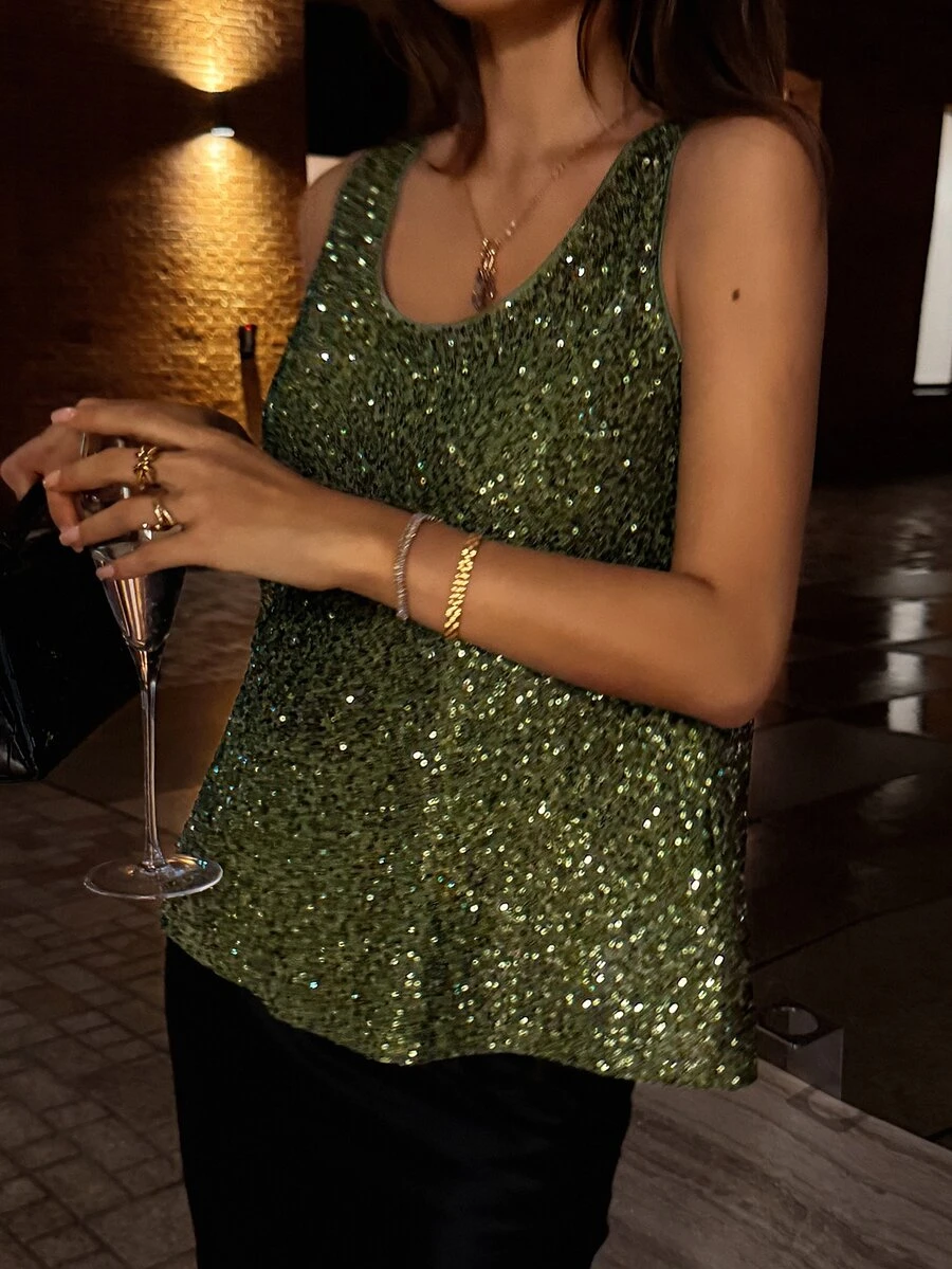 DAZY Women's Green All-Over Sequin U-Neck Sleeveless Loose Shiny Party Evening Date Nightclub Tank Top, Autumn/Winter - Green - View 1
