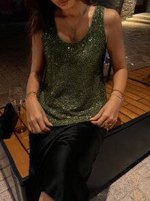 DAZY Women's Green All-Over Sequin U-Neck Sleeveless Loose Shiny Party Evening Date Nightclub Tank Top, Autumn/Winter - Green - View 6