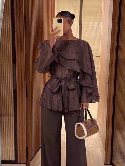 Lumalex Women's Solid Bell Sleeves Casual Blouse Cape Design Elegant Ladies Shirt, Wear, Suitable For Daily Outings, Commuting, Office Shades Of Brown Autumn